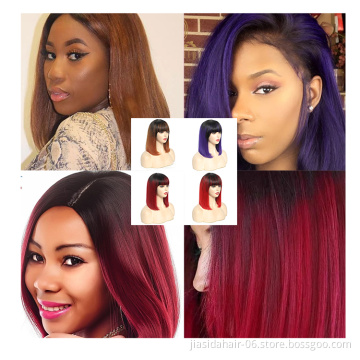 Ombre Tone Colored Human Hair Virgin Brazilian Straight Hair Wigs for Black Women Cheap Short Bob Wigs with Bangs